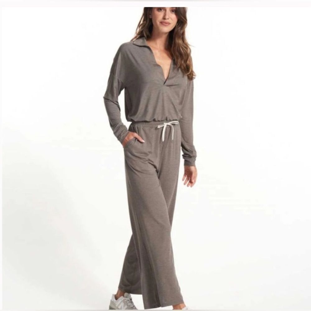 Vuori Taupe Gray Long Sleeve Drawstring Jumpsuit